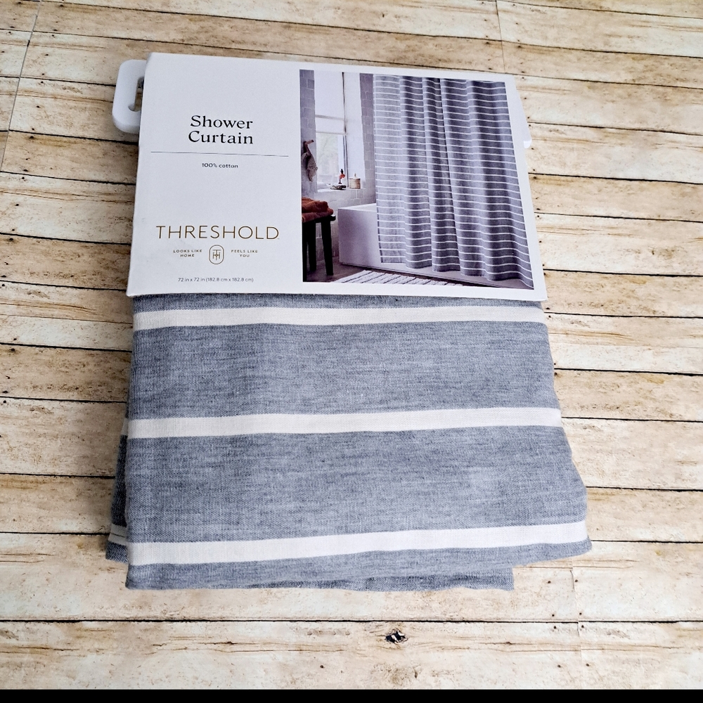 Threshold Gray Striped 100% Cotton Shower Curtain 72" × 72"